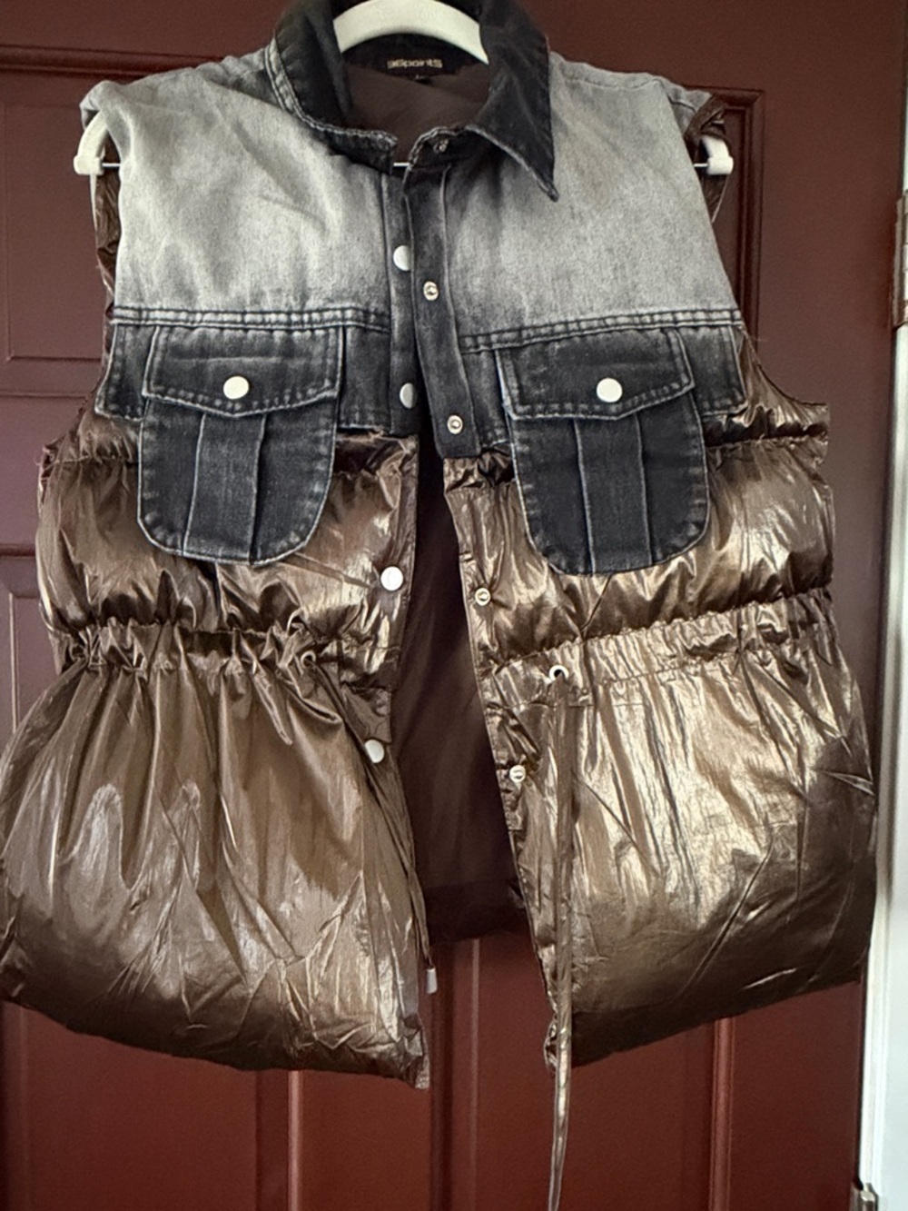 Metallic Brown Puffer Vest with Denim Yoke - Picture 4 of 5